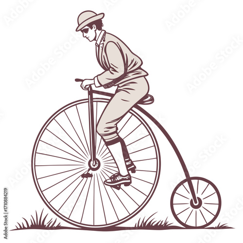 Vintage illustration of a man in a hat and suit riding a classic penny farthing bicycle outdoors