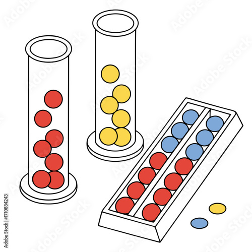 Illustration of colorful balls in test tubes and a sorting tray representing science experiments and data organization