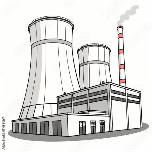 Cartoon illustration of a large industrial power plant with two cooling towers and a smoking chimney