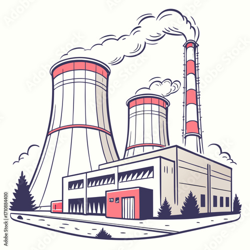 Stylized illustration of a modern industrial power plant with cooling towers and a smokestack emitting steam