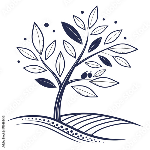 Stylized dark blue tree with leaves two birds on a branch and rolling hills with decorative border