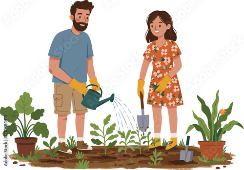 Couple gardening together outdoors, planting and watering, teamwork in nature, happy lifestyle, green plants, soil care, spring activity, cheerful moment