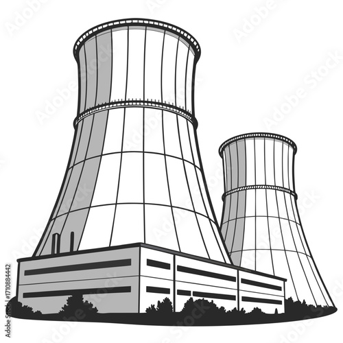 Stylized illustration of a modern industrial power plant with two large cooling towers and a connected building