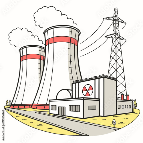 Stylized illustration of a nuclear power plant with cooling towers a main building and a transmission tower emitting steam and electricity