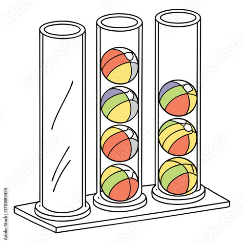 Three clear tubes on a white background with colorful balls inside two of the tubes