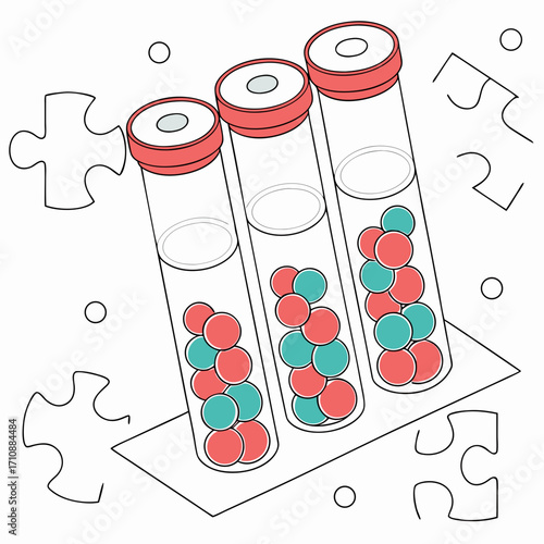 Three laboratory test tubes filled with red and teal colored spheres on a white background with puzzle pieces