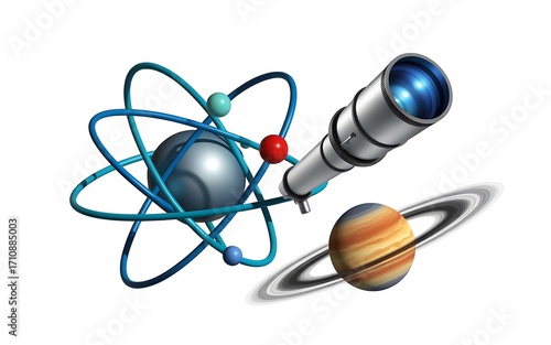 Atom Model Telescope and Saturn on White Background
