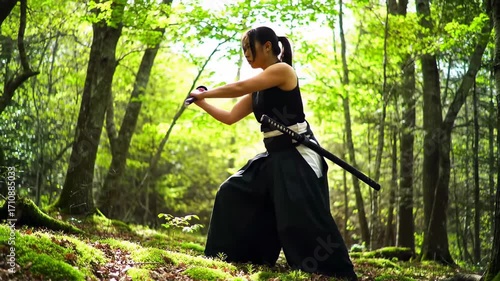 Woman practicing swordsmanship in a forest