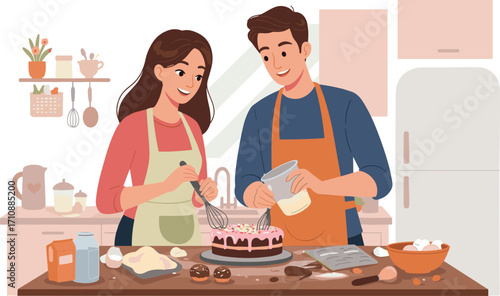 Couple, baking, kitchen, cake, teamwork, cooking, together, happiness, love, bonding, home, fun, frosting, ingredients, whisk, countertop, fridge, collaboration, apron, recipe