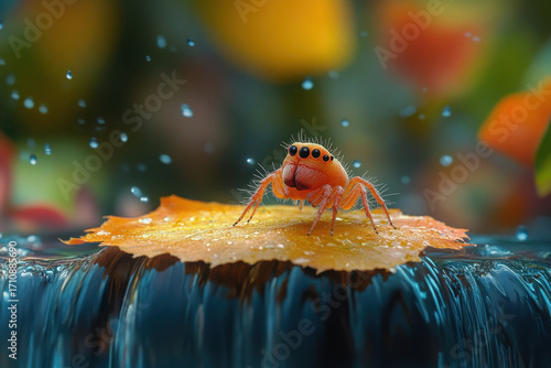 Small orange spider perched on leaf.