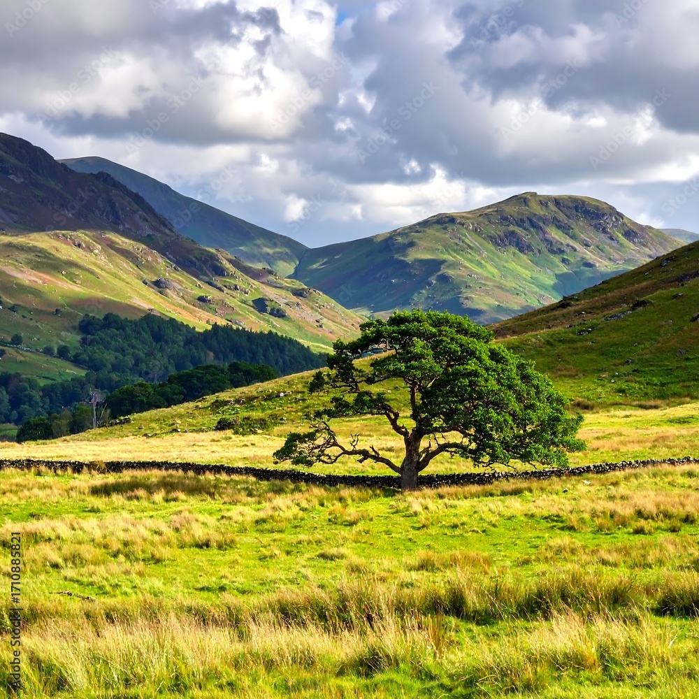 Obraz premium Lush valley with mountains and a lone tree