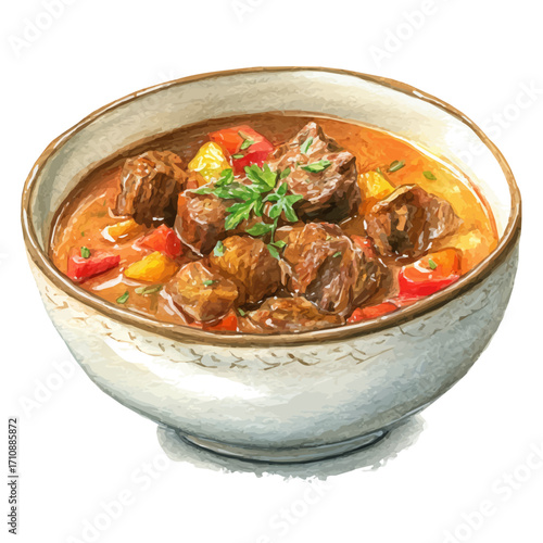 Lamb Stew, watercolor painting, vector illustration, isolated on a white background.