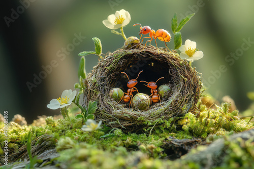 ants exploring a flower in a nest.