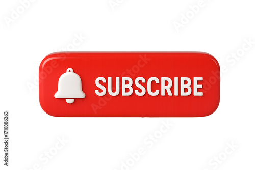 Red subscribe button with notification bell icon isolated on transparent background