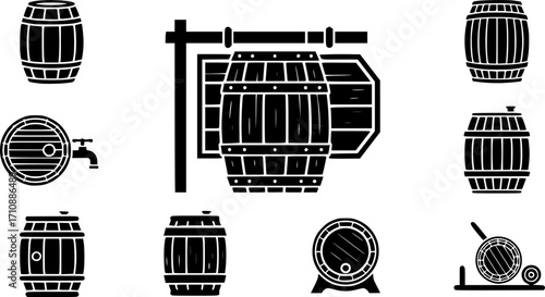 Vector black barrels icons set on white background. Barrel sign.
