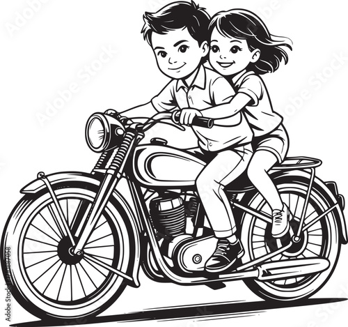 Motorcycle Ride with Love: Two young friends joyfully ride together on a vintage motorcycle, capturing a feeling of adventure, freedom, and companionship in a photorealistic artistic expression.