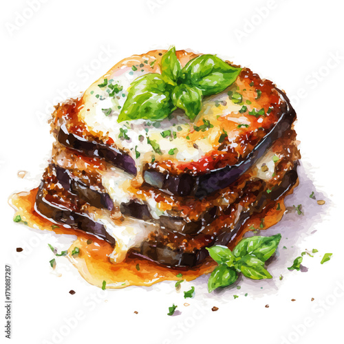 Eggplant Parmesan in watercolor style, vector illustration, isolated on white background.