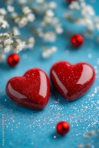 Two red hearts on a blue background