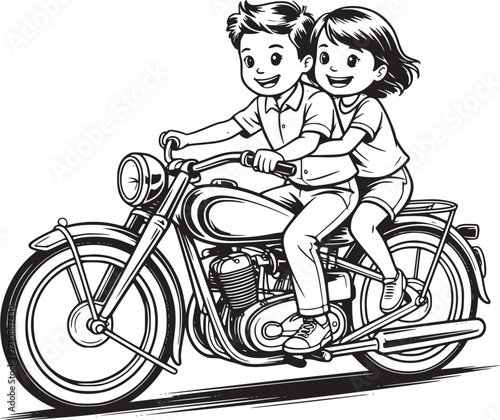 Whimsical Motorcycle Ride: Two young figures, filled with joy, take a shared ride on a vintage motorcycle, capturing the essence of carefree moments and togetherness in a monochromatic illustration.
