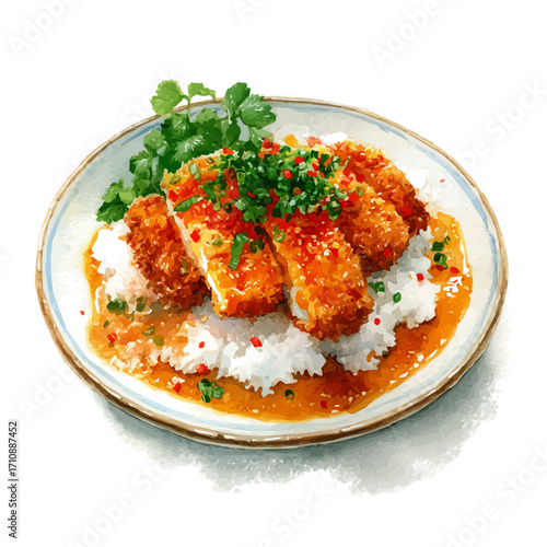 A watercolor painting of Katsu Curry, vector illustration on white background.
