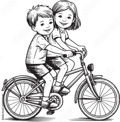Bike Adventure with Friends: A heartwarming illustration depicts two young children, full of joy, sharing a single bicycle on a sunny day, celebrating friendship and youthful adventure.