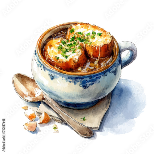Watercolor vector illustration of French Onion Soup, isolated on white background.