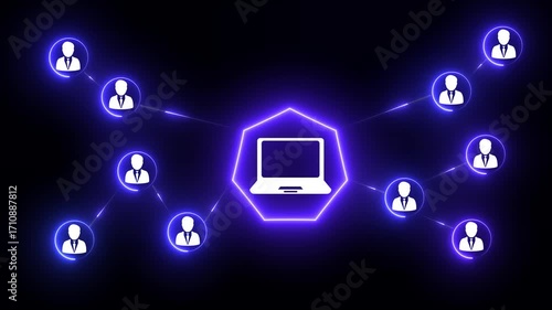 Digital Network Connection With Neon Lines men And Laptop Icons On Black Background abstract bright.Technology data service center, high-tech Internet data storage.