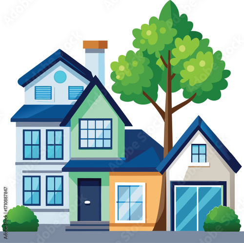 Residential Area Real Estate Colorful Vector Icon with Houses and Trees for Community Living and Urban Development, Flat Vector Icon on White Background

