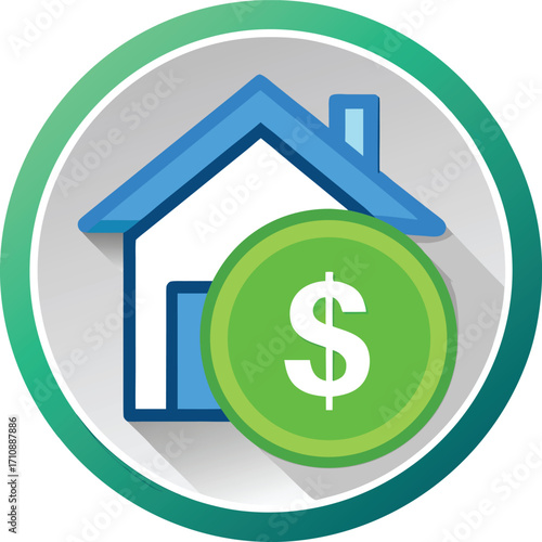 Property Investment Real Estate Colorful Vector Icon with House and Dollar Symbol, Flat Vector Icon on White Background

