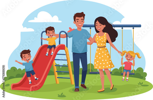 Family at playground, parents and children enjoying slide and swings, outdoor bonding, happy moment, cheerful activity, sunny day, joyful playtime