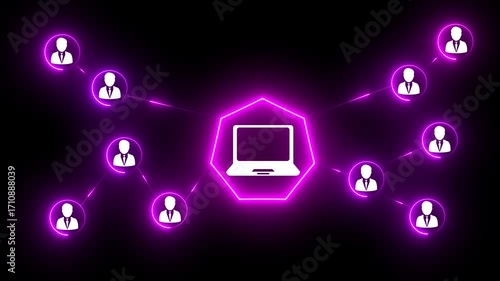 Digital Network Connection With Neon Lines men And Laptop Icons On Black Background abstract bright.Technology data service center, high-tech Internet data storage.