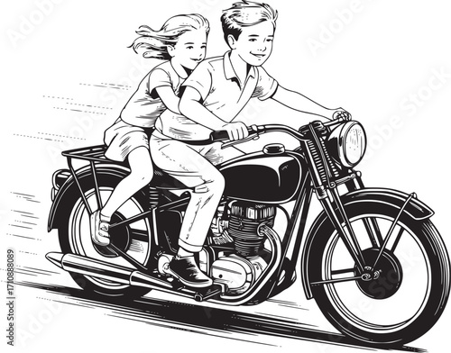 Adventure on Wheels: A nostalgic illustration portrays a boy and girl embarking on a thrilling ride on a classic motorcycle, the embodiment of freedom and youthful exploration.