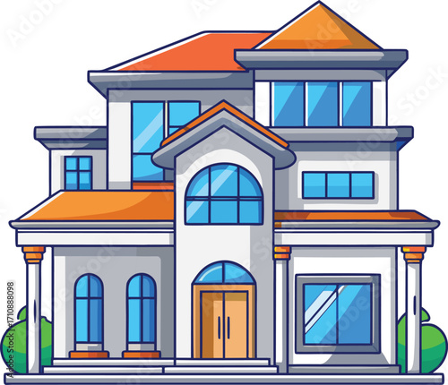 Modern Villa for Luxury Real Estate and High-End Housing, Colorful Flat Vector Icon on White Background

