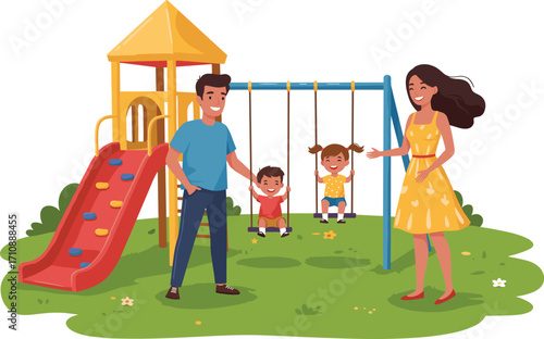 Family at playground, parents and children playing together, swings and slide, outdoor bonding, cheerful moment, happy parenting, park activity