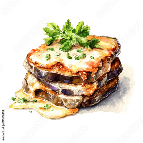 A watercolor painting of Eggplant Parmesan, vector illustration on white background.