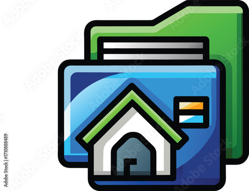 File folder with small house logo. Use blue for folder, gray outline, green house accent. Professional, clean design.