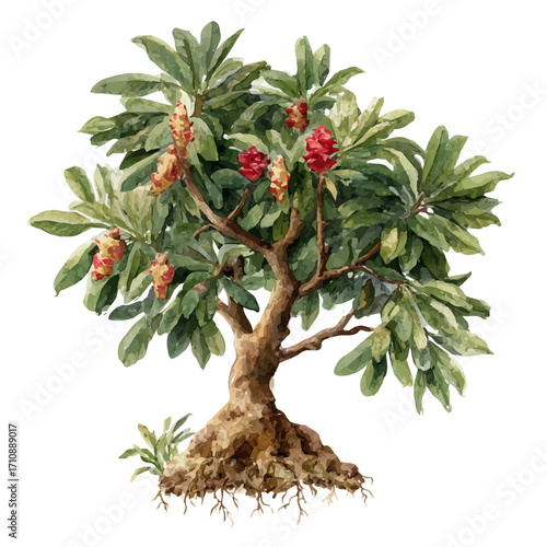 Ginger Tree, watercolor painting, vector illustration, isolated on a white background.