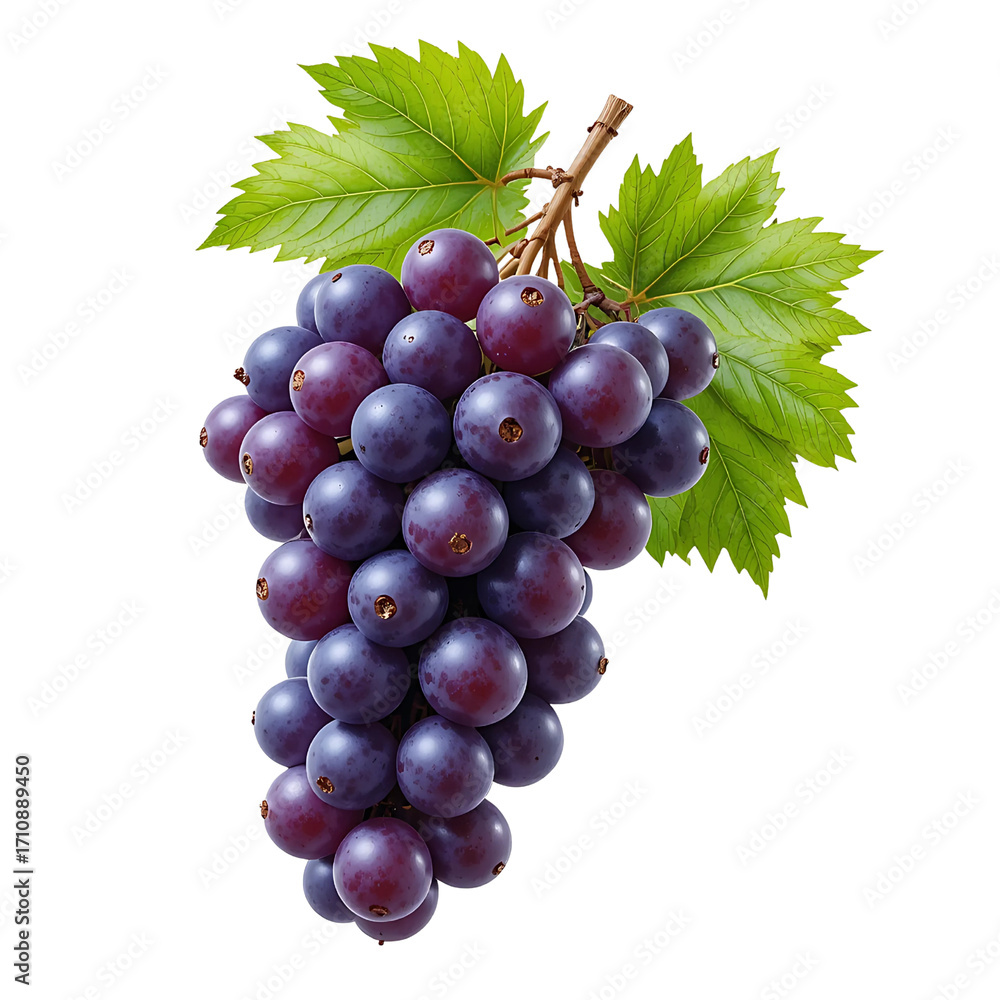 Obraz premium Fresh green grapes on the vine, a healthy and ripe fruit cluster, isolated on a white background, perfect for a vineyard or wine theme