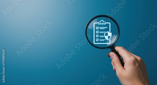Concept of business policy review, a hand with a magnifying glass examines a compliance document with a security shield for auditing and insurance purposes