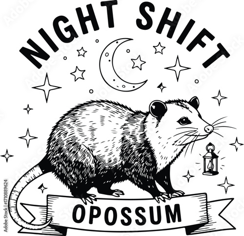 Night Shift Opossum – Whimsical Nocturnal Illustration with Lantern, Stars, Moon, and Bold Typography