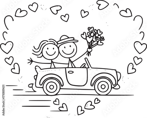 Love's Joyride: A delightful doodle captures a couple's joyful drive in a vintage convertible, encircled by hearts, exuding the spirit of romance and celebration.
