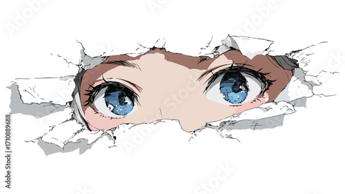 Manga Eyes Peeking Through Paper Tear - Anime Girl Illustration