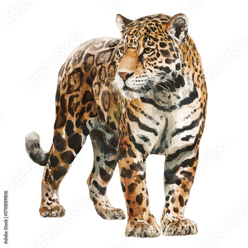 Watercolor vector illustration of Jaguar, isolated on white background.