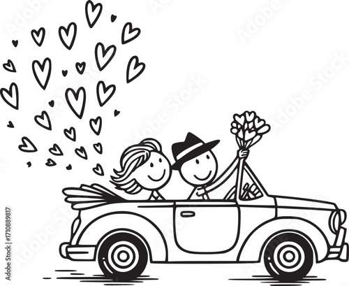 Love's Joyride: An illustration depicting a couple cruising in a vintage car, hearts filling the air, with a bouquet of flowers, symbolizes the journey of love and romance.