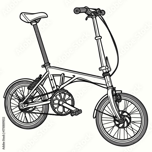 Detailed black and white line drawing illustration of a modern folding bicycle with small wheels and disc brakes
