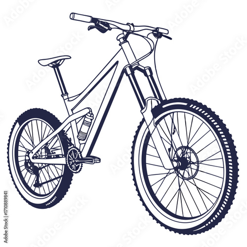 Detailed outline illustration of a full suspension downhill mountain bike with knobby tires on a white background