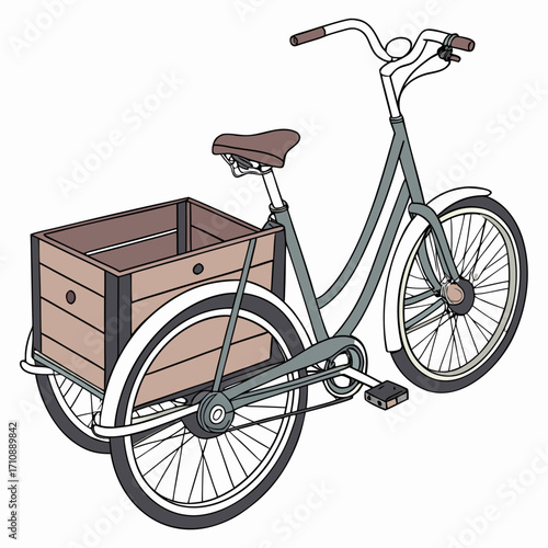 Illustration of a vintage style three wheeled cargo bicycle with a wooden box for carrying goods