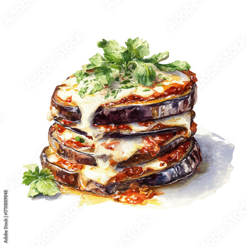 A watercolor painting of Eggplant Parmesan, vector illustration on white background.