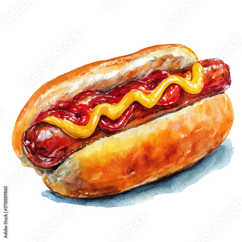 Hot Dog, watercolor painting, vector illustration, isolated on a white background.