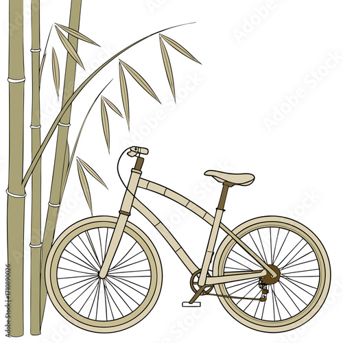 A unique bamboo bicycle leaning against a cluster of tall bamboo stalks with delicate leaves